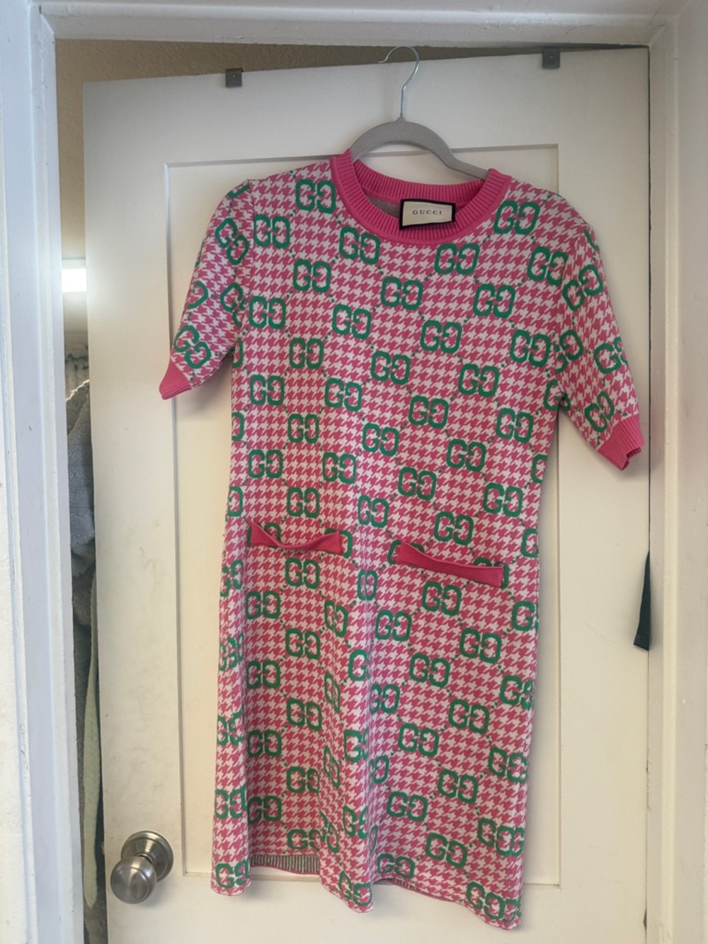 GG monogram Pink and Green GG Houndstooth Knit Dress